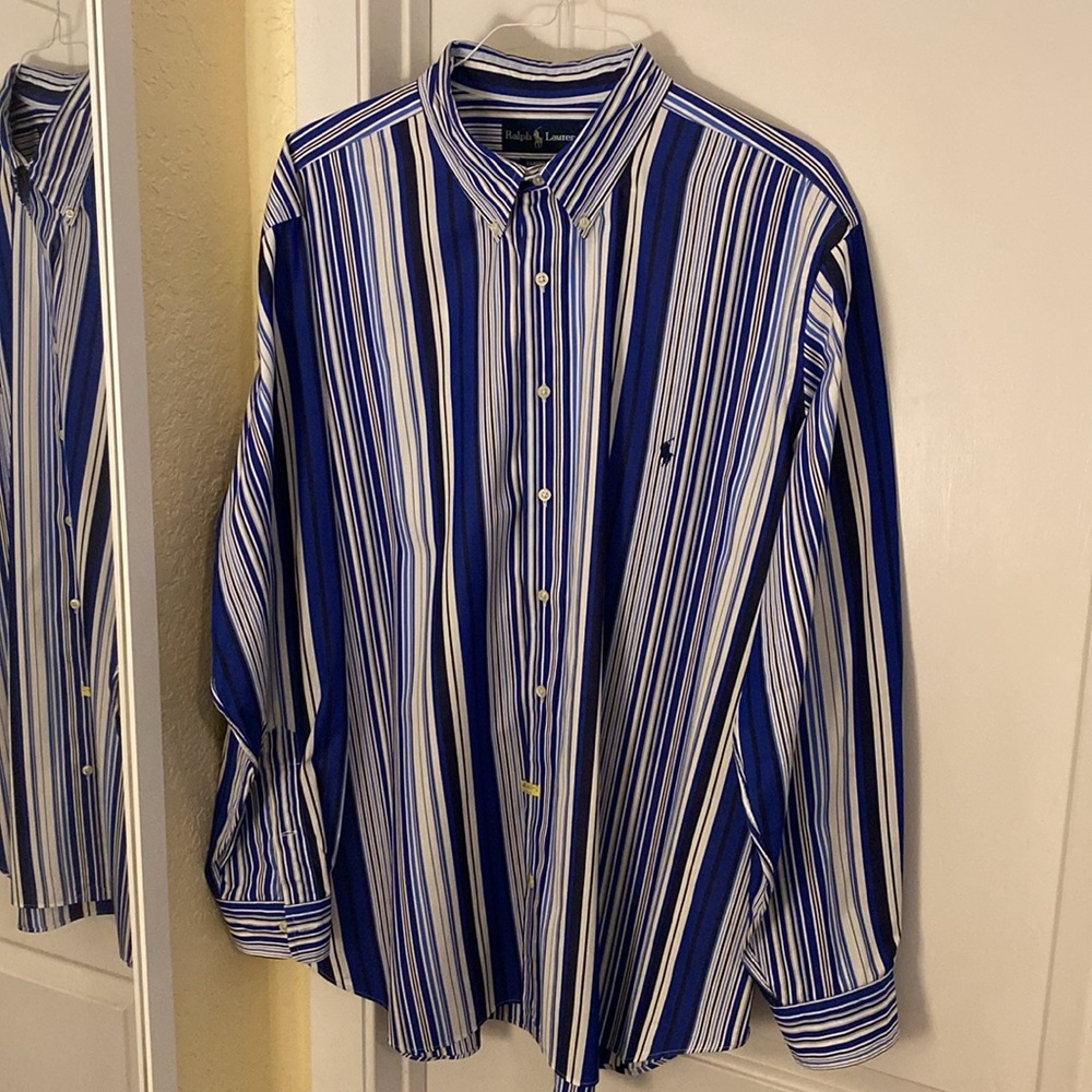 RALPH LAUREN POLO 2XB BIG Button Front Long Sleeve Shirt 100% Cotton Blue Stripe